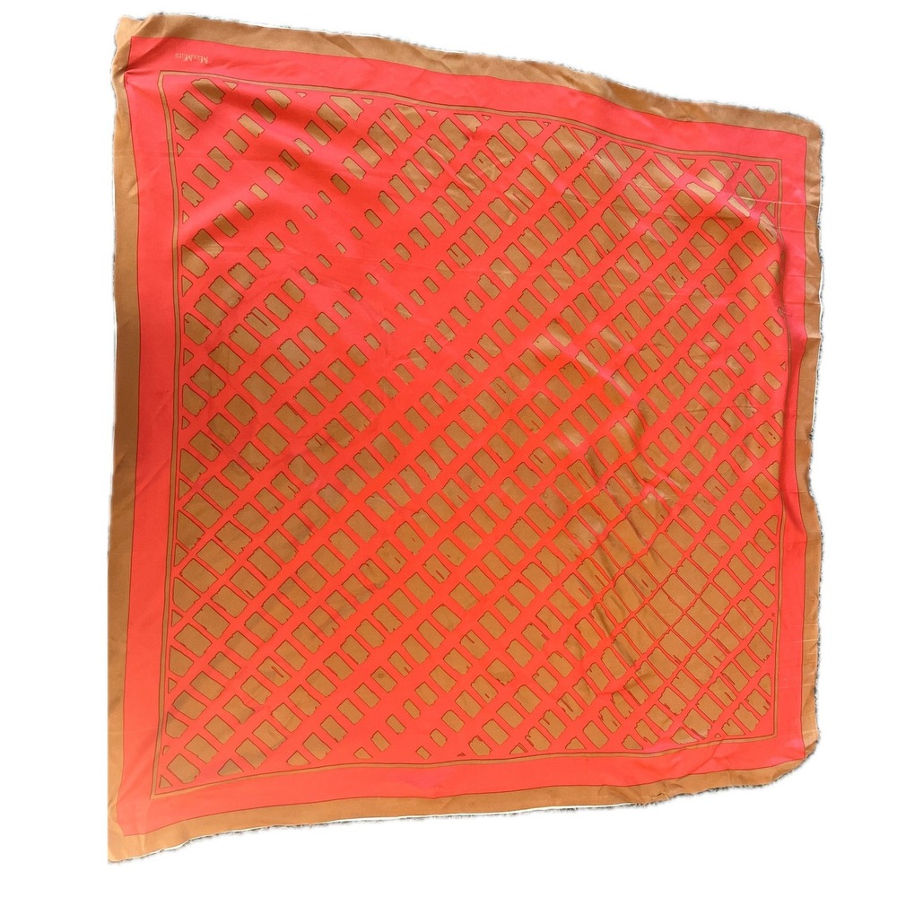 Max Mara Silk Square Scarf Coral Orange Gold Geometric Bronze Border 34in